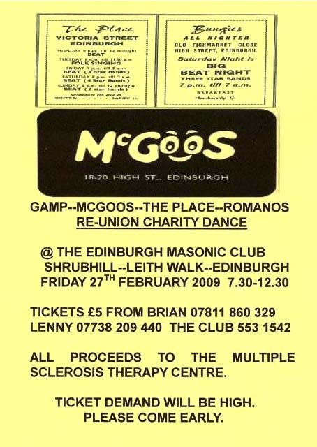 Poster for Re-union Charity Dance -  27 February 2009 -  for those who used to go to the Edinburgh clubs and discos in the 1960s