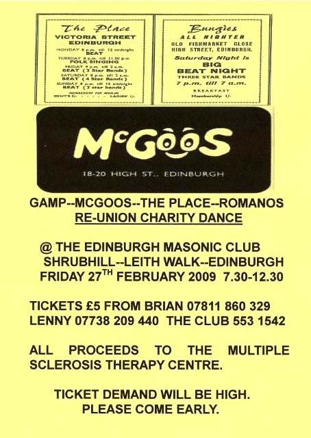 Poster for Re-union Charity Dance - 27 February 2009 - for those who used to go to the Edinburgh clubs and discos in the 1960s