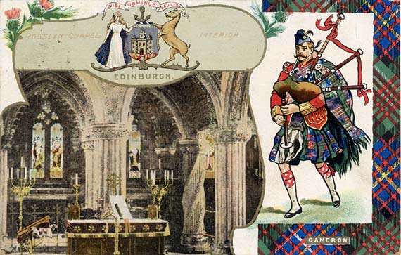 B & R Postcard  - Rosslyn Chapel, with piper and Cameron tartan