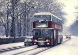 Beric Tempest Colourcard  -  A wintry scene on Frogston Road, Edinburgh with Leyland Atlantean 608.