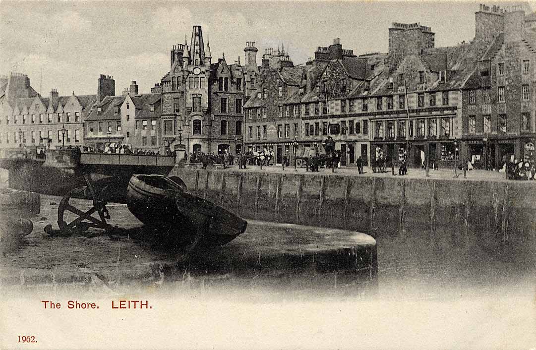 Enlargement of a postcard  by Hartmann -  Leith:  The Shore, beside the Water of Leith