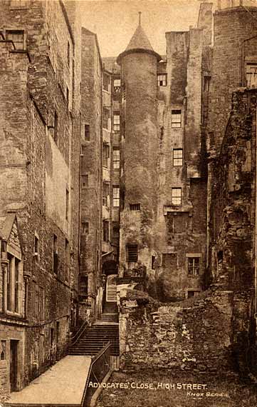 Advocates' Close off the Royal Mile, Edinburgh  -  Looking up  -  Postcard  -  W J Hay  -  'Knox series'