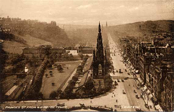 Princes Street from the North British Hotel tower  -  a postcard published by W J Hay