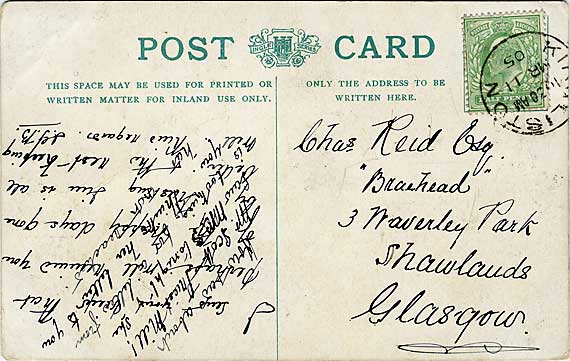 The back of a postcard by Alex A Inglis  -  Cramond, Fair A Far cottages