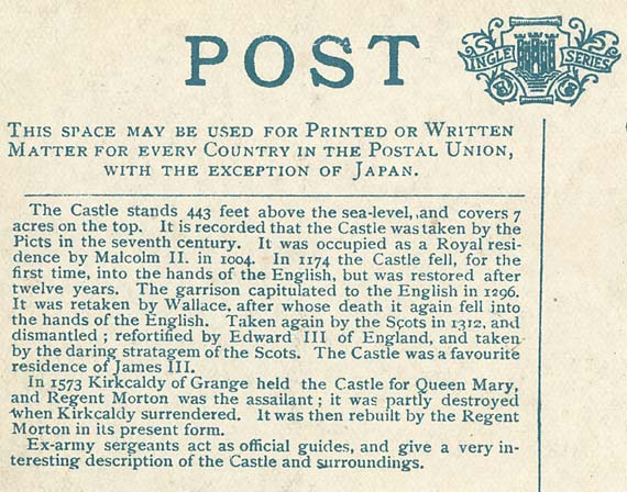 Detail on the back of a postcard by Alex A Inglis  -  Edinburgh Castle from Johnstone Terrace