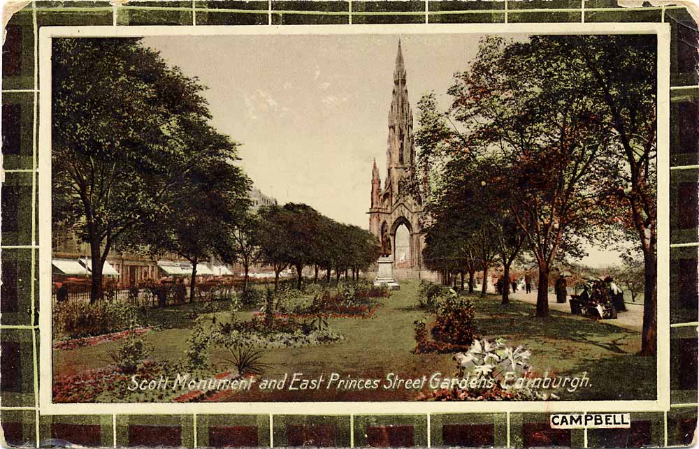 J M Postcard  -  Caledonia Series  -  Scott Monument and Princes Street Gardens