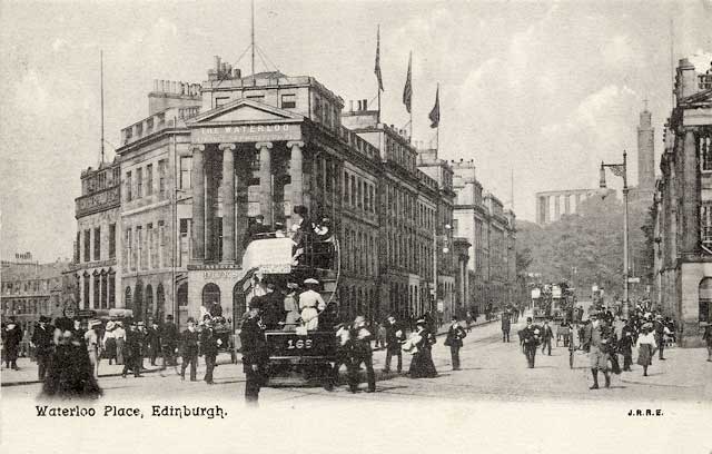 Postcard published by John R Russel of Edinburgh (JRRE)  -  Waterloo Place, looking East from the top of Leith Street