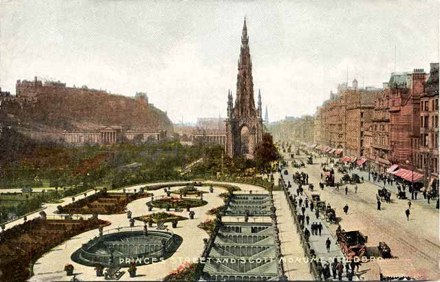 'National Series' postcard  -  View of Princes Street and the Scott Monument from the North British Railway Hotel