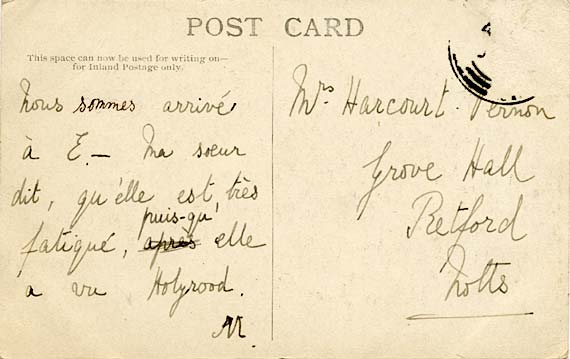 The back of a postcard with a message written in French - John Patrick - Chapel Royal, Holyrood