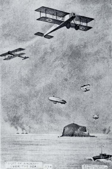 Postcard by Reginald P Phillimore - Aircraft over the Bass Rock