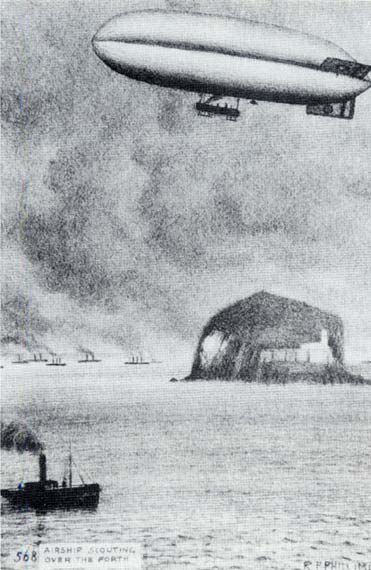 Postcard by Reginald P Phillimore - Airship over the Bass Rock