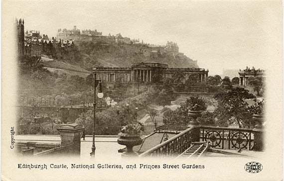 Postcard in P W & M Vello Series  -  National Galleries and Edinburgh Castle