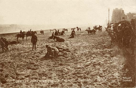 Postcard in P W & M Vello Series  -  Portobello Beach  -  17th Lancers 'Laying Horses' exercise