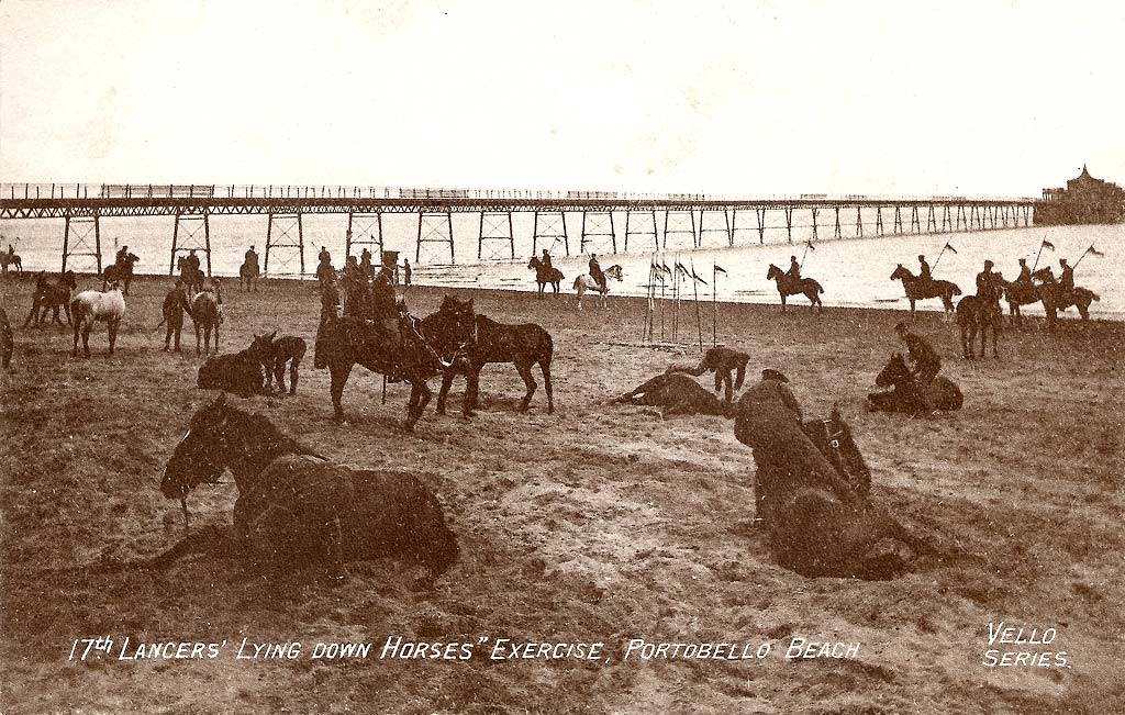 Postcard in P W & M Vello Series  -  Portobello Beach  + Pier -  17th Lancers 'Laying Horses' exercise