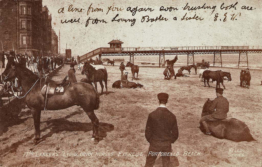 Postcard in P W & M Vello Series  -  Portobello Beach  -  17th Lancers 'Laying Horses' exercise