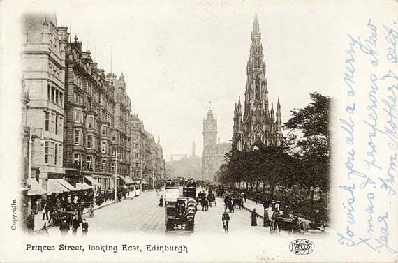 Post Cards  -  P W & M  -  Vello Series  -  Princes Street, looking east towards the Scott Monument, the North British Hotel and Calton Hill