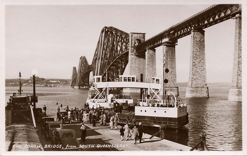 The Forth Bridge and the ferry boat, Queen Margaret, on the Queensferry Passage, moored at Hawes Pier, South Queensferry.  When might this photo have been taken?The Ferry Boat, Queen Margaret at Hawes Pier, beneath the Forth Bridge - When might this photo have been taken?