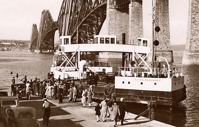 The Forth Bridge and the ferry boat, Queen Margaret, on the Queensferry Passage, moored at Hawes Pier, South Queensferry.  When might this photo have been taken?The Ferry Boat, Queen Margaret at Hawes Pier, beneath the Forth Bridge - When might this photo have been taken?