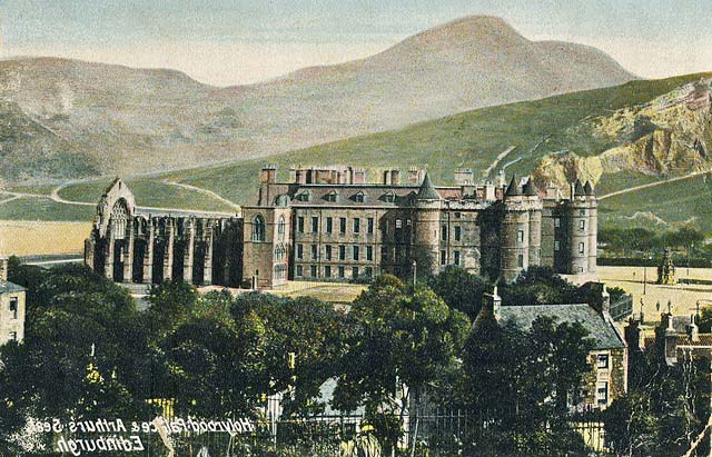 Postcard published by RB (Rock Brothers)  -  Holyrood Palace and Arthur's Seat  -  picture corrected but text now reversed