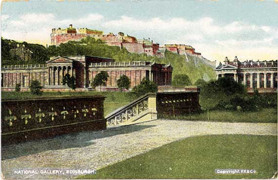 Postcard published by A Louis Reis & Co  -  View of Edinburgh Castle and the National Galleries from East Princes Street Gardens