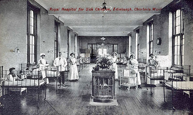 A postcard published by The Scientific Press  -  The Charteris Ward, Royal Hospital for Sick Children, Edinburgh