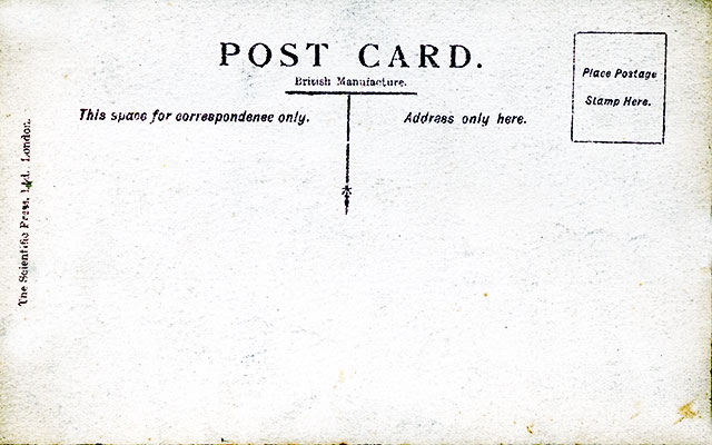 The back of a postcard published by The Scientific Press  -  The Charteris Ward, Royal Hospital for Sick Children, Edinburgh