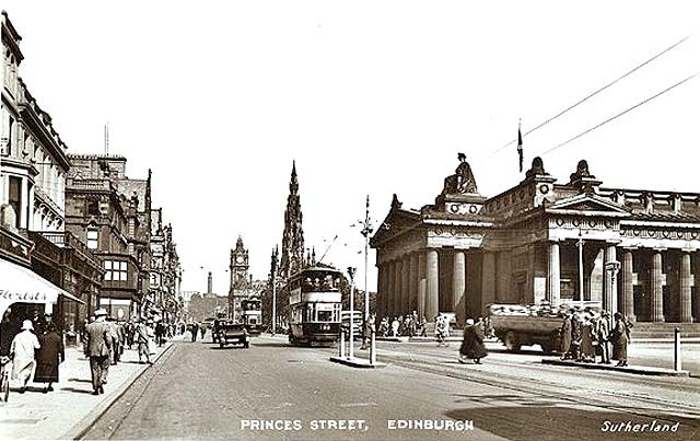 Postcard published by Sutherland  -  Looking to the east along Princes Street to the National Galleries