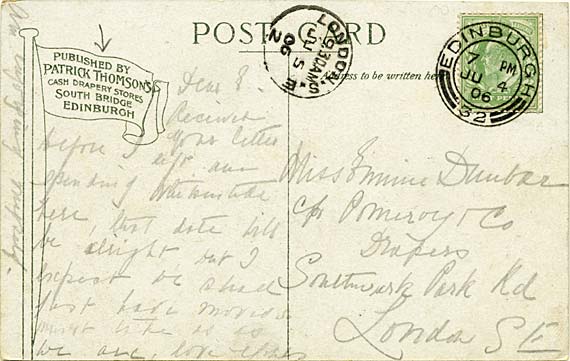 The back of a Patrick Thomson postcard - Princes Street Gardens - Bandstand