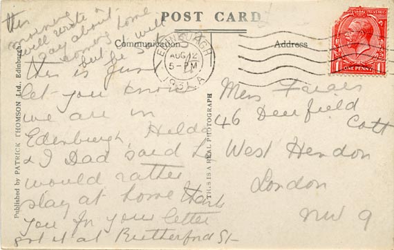The back of a Patrick Thomson postcard - Princes Street - looking east
