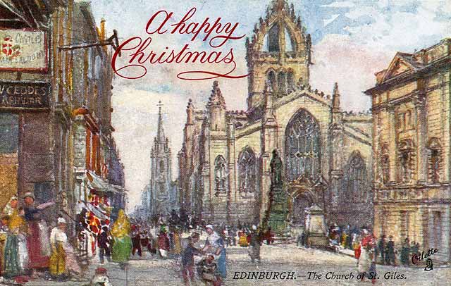 Raphael Tuck "Oilette" postcard  -  St Gile's Church + Christmas Greeting