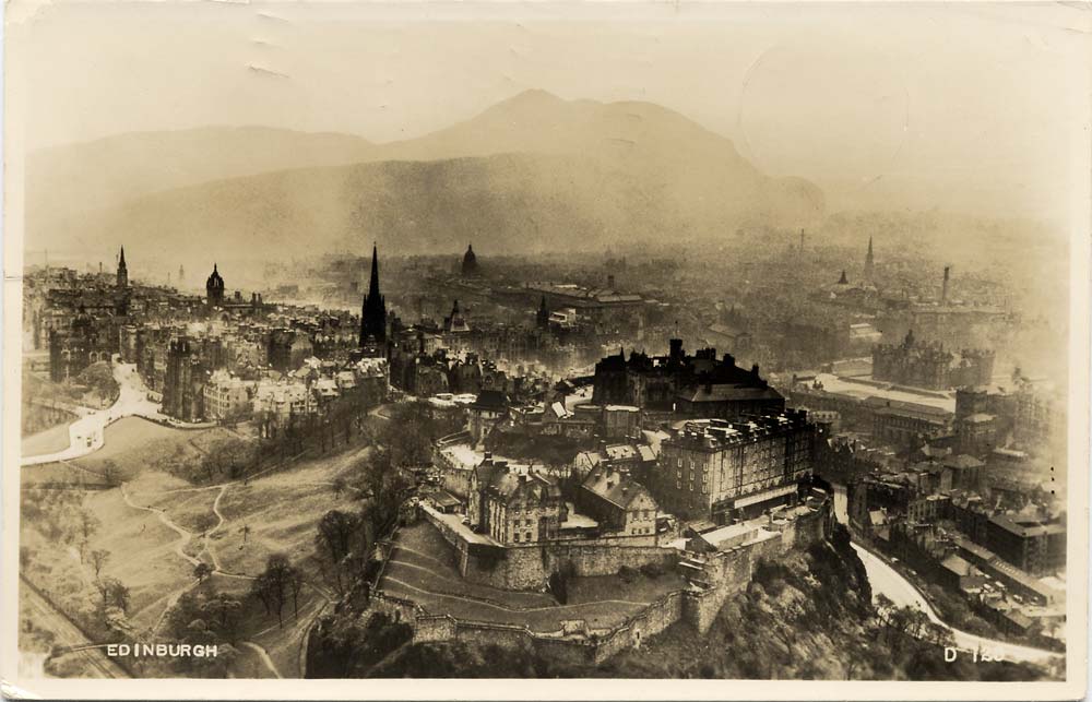 Enlargement of a postcard by Valentine  -  Aerial Photos of Edinburgh  -  Looking over Edinburgh Castle and towards Arthur's Seat