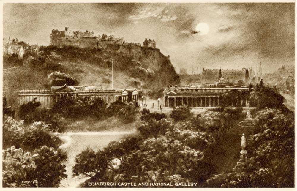Enlargement of a Valentine Postcard  -  Edinburgh Castle and the National Galleries  -  1923  -  Photogravure