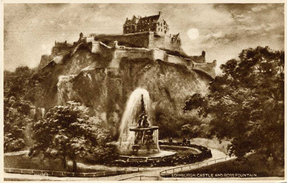 Enlargement of a Valentine Postcard  -  Edinburgh Castle and the Ross Fountain in Princes Street Gardens  -  1923  -  Photogravure