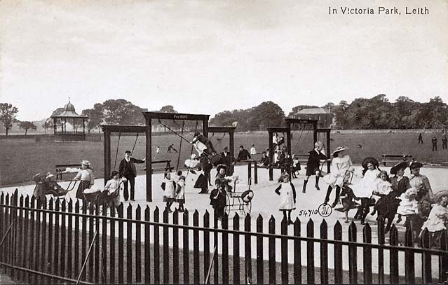 Valentine Postcard  -   1906 photograph of Children's Playground and Bandstand in Victoria Park, Leith