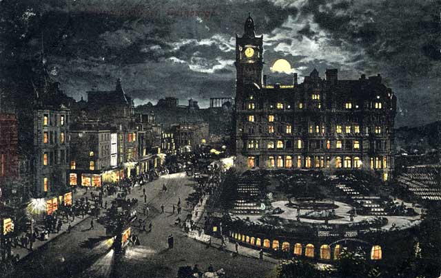 Postcard by Valentine - Princes Street and the North British Hotel - Moonlight series - Posted 1904