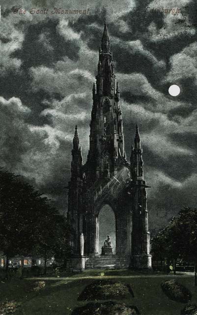 Postcard by Valentine -  Moonlight series  -  The Scott Monument, Full Moon  -  Posted 1904