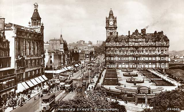 Postcard in the "Best of All" series by J B White Ltd, Dundee  -  Princes Street looking east towards the North British Hotel  -  framed by a Buchanan tartan