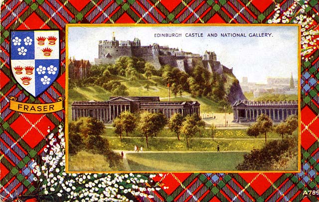 Valentine Postcard  -  Tartan Border  -  Fraser  -  Edinburgh Cstle and National Gallery