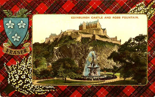 Valentine Postcard  -  Tartan Border  -  Fraser  -  Edinburgh Cstle and Ross Fountain