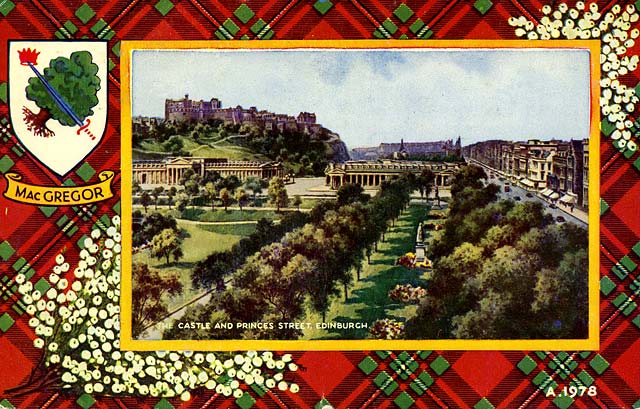 Valentine Postcard  -  Tartan Border  -  MacGregor -  Edinburgh Castle and Princes Street