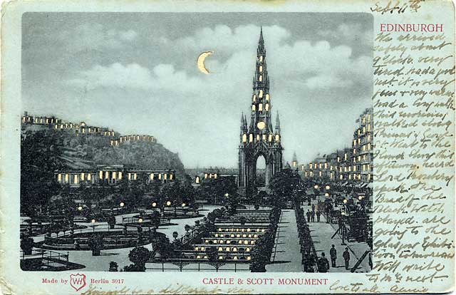 Postcard published by WH Berlin, with many small cut-out windows and moon, to be held up to the light   -  Edinburgh Castle and Scott Monument