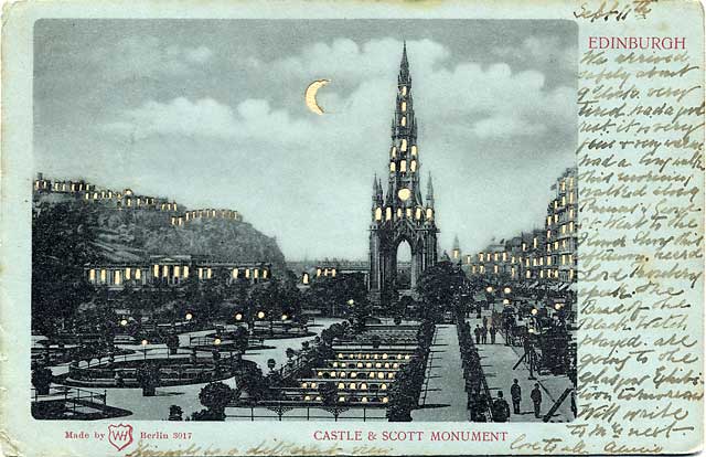 Postcard published by WH Berlin, with many small cut-out windows and moon, to be held up to the light   -  Edinburgh Castle and Scott Monument