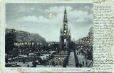 Postcard published by WH Berlin, with many small cut-out windows and moon, to be held up to the light   -  Edinburgh Castle and Scott Monument