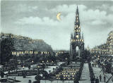 Picture on a ostcard published by WH Berlin, with many small cut-out windows and moon, to be held up to the light   -  Edinburgh Castle and Scott Monument