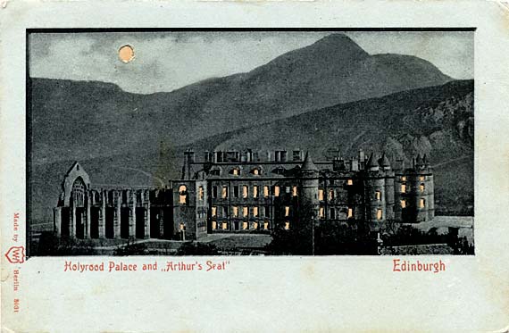 Postcard published by WH, Berlin, with many small cut-out windows and moon, showing the effect when held up to the light   -  Holyrood Palace and Arthur's Seat