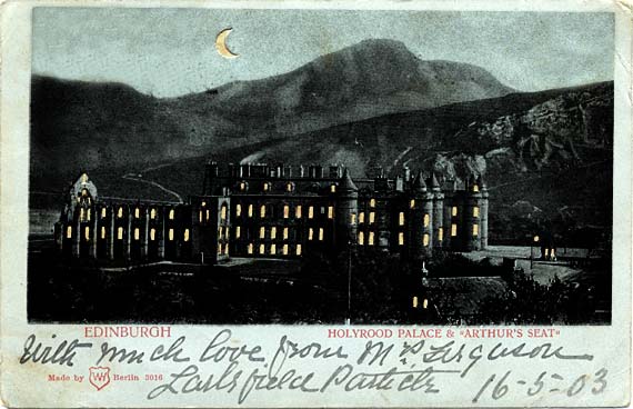 Postcard published by WH, Berlin, with many small cut-out windows and moon, showing the effect when held up to the light   -  Holyrood Palace and Arthur's Seat