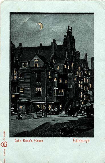 Postcard published by WH Berlin, with many small cut-out windows and moon,showing the effect when held up to the light   -  John Knox House