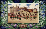 Postcard in the "Best of All" series by J B White Ltd, Dundee  -  Castle and Pipers  -  Framed in a MacKenzie tartan border