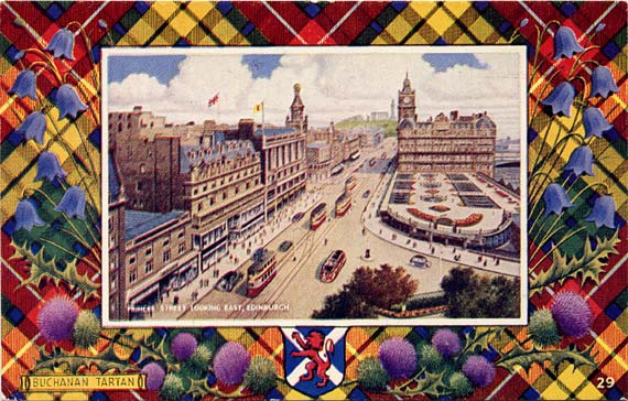 Postcard in the "Best of All" series by J B White Ltd, Dundee  -  Princes Street looking east towards the North British Hotel  -  framed by a Buchanan tartan
