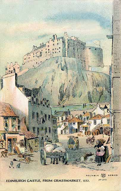 Postcard by W R & S  - Edinburgh Castle from the Grassmarket, 1837